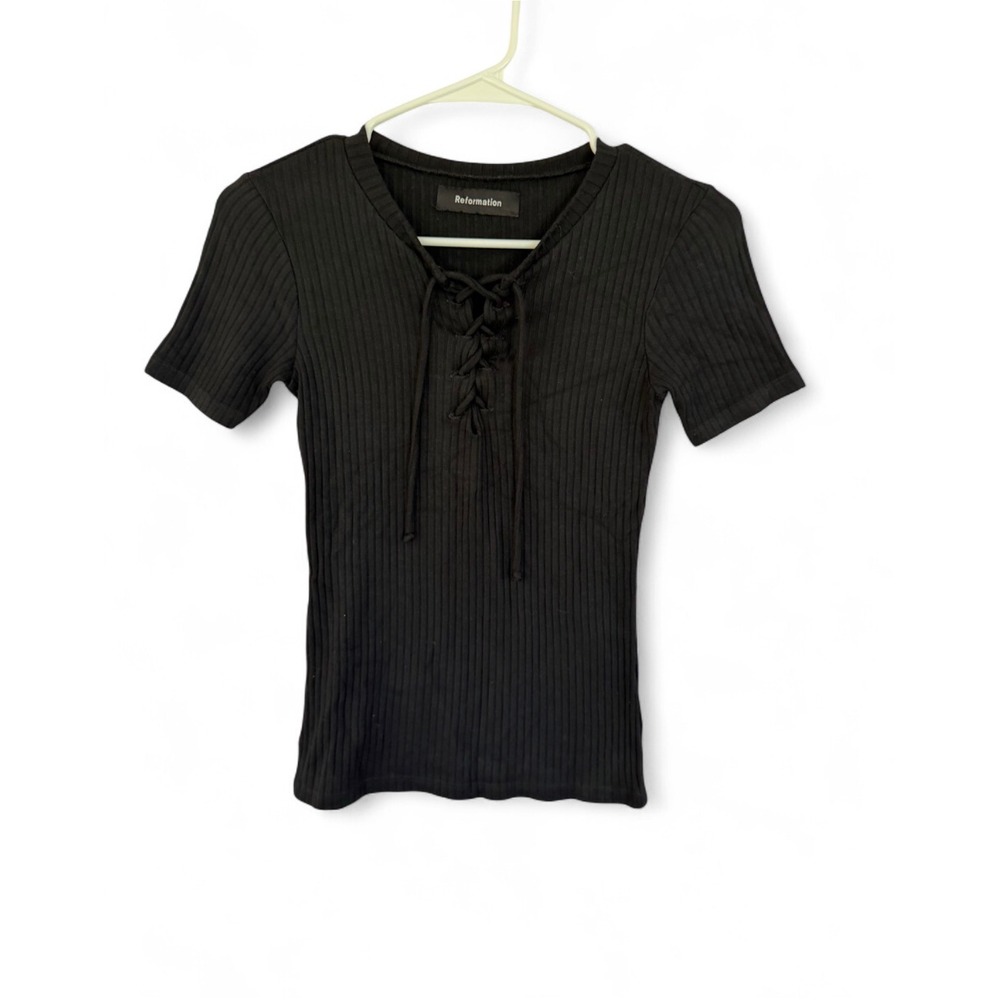 Reformation Womens Ribbed Lace Up Short Sleeve Top Black Small RN143248